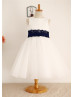 A-line Ivory Satin Tulle Knee Length Flower Girl Dress With A Navy Blue Sash